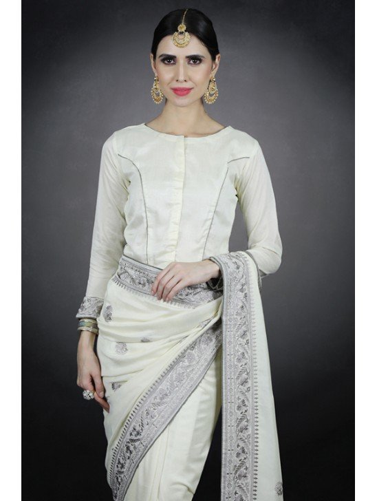 Stunning Ivory Indian Wedding Bridal Embroidered Saree