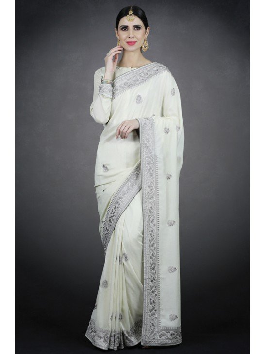 Stunning Ivory Indian Wedding Bridal Embroidered Saree