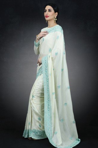 Ivory & Ferozi Embroidered Saree Indian Occasional Sari