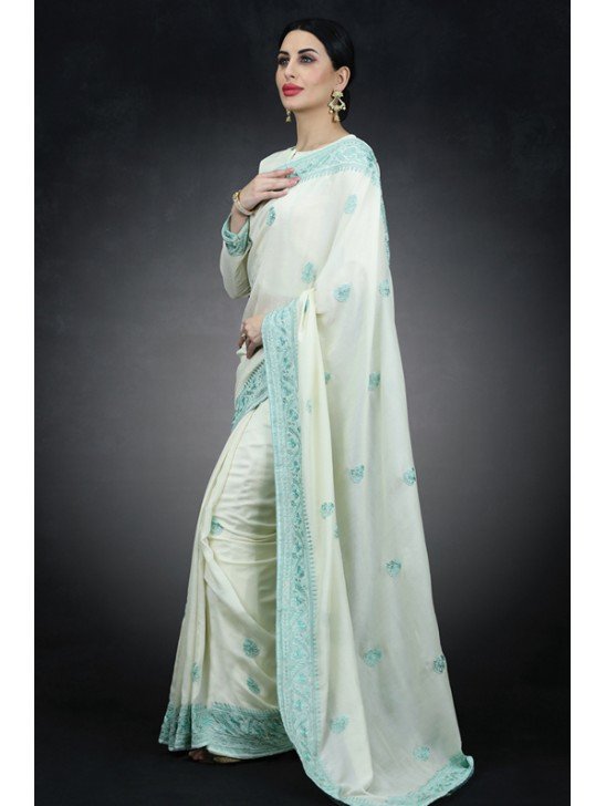 Ivory & Ferozi Embroidered Saree Indian Occasional Sari