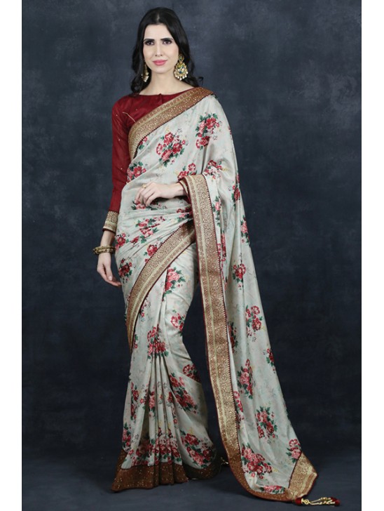 Fawn Floral Printed Saree Indian Party Wear Red Blouse Sari