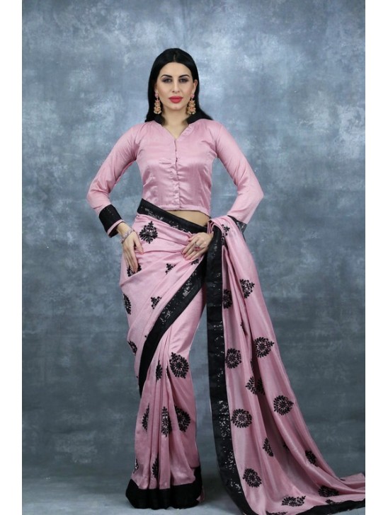 Rose Pink & Black Ethnic Saree Indian Wedding Party Sari