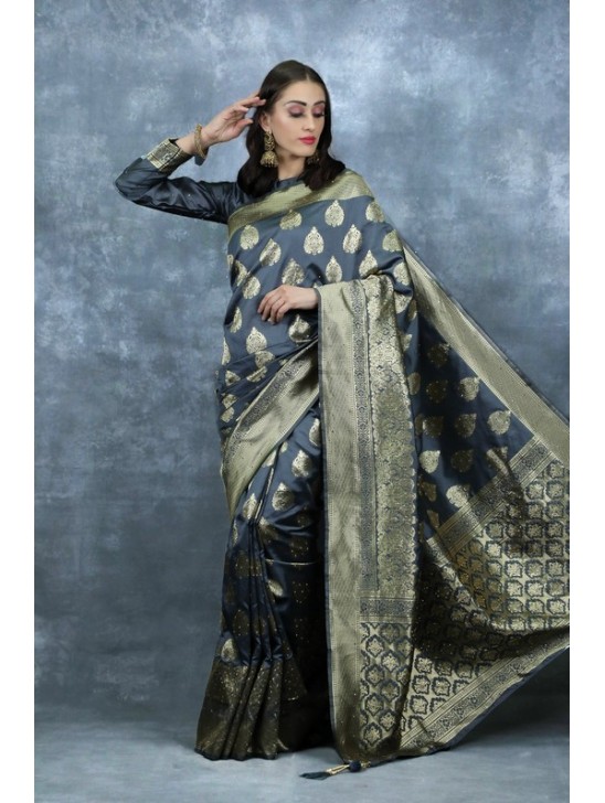 Grey Brocade Designer Party Wear Indian Saree