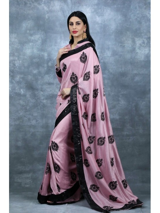 Rose Pink & Black Ethnic Saree Indian Wedding Party Sari