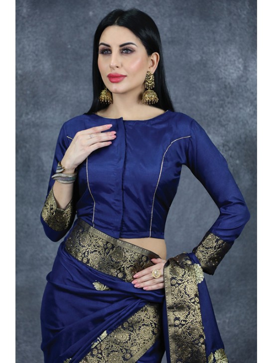 Navy Blue Readymade Saree Brocade Border Ethnic Indian Sari