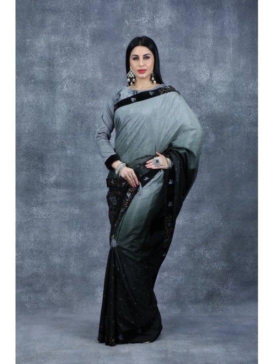 Grey & Black Embroidered Saree Indian Fancy Party Saree