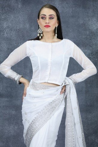 Sophisticated White Sequin Ready Made Saree Stitched Stylish Blouse 