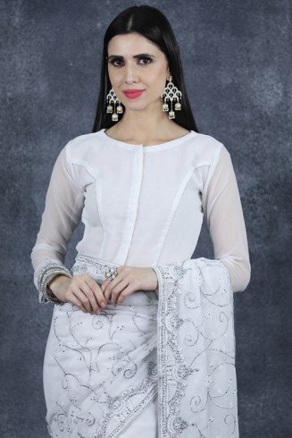 White Shimmer Sequin Saree Pakistani Designer Ethnic Saree