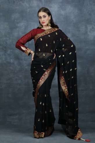 Black & Maroon Blouse Wedding Saree Ethnic Sari Shopping Online UK