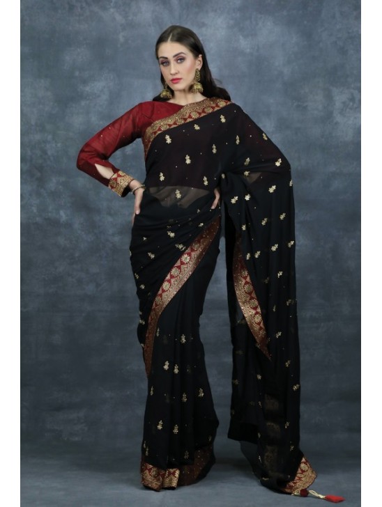 Black & Maroon Blouse Wedding Saree Ethnic Sari Shopping Online UK