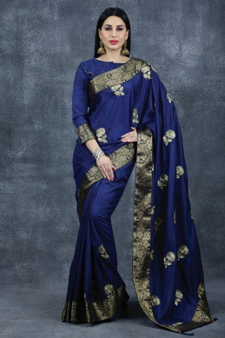 Navy Blue Readymade Saree Brocade Border Ethnic Indian Sari