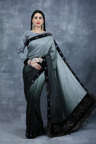 Grey & Black Embroidered Saree Indian Fancy Party Saree