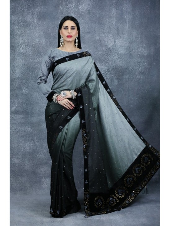 Grey & Black Embroidered Saree Indian Fancy Party Saree