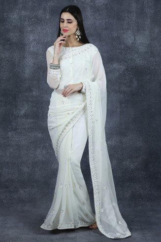 White Readymade Saree Indian Designer Sari Online
