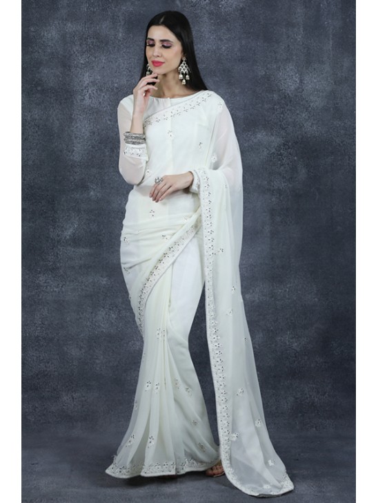 White Readymade Saree Indian Designer Sari Online