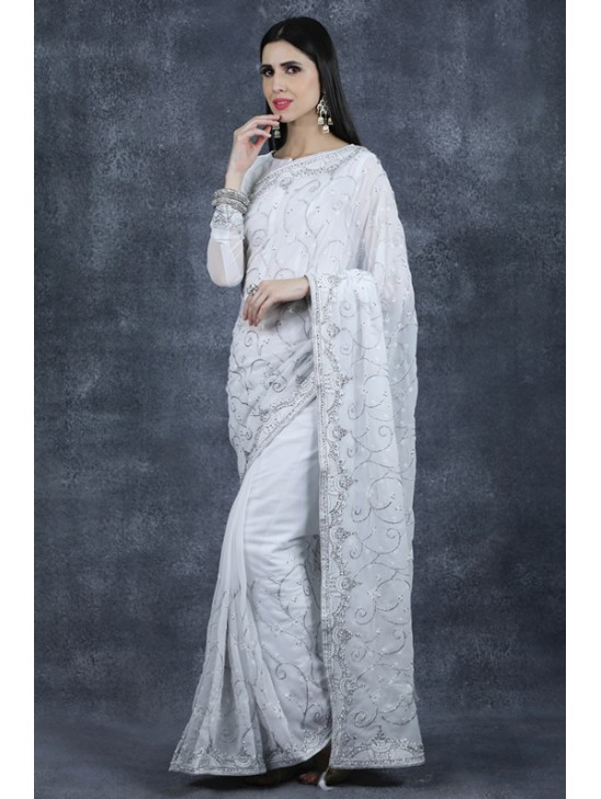 White Shimmer Sequin Saree Pakistani Designer Ethnic Saree