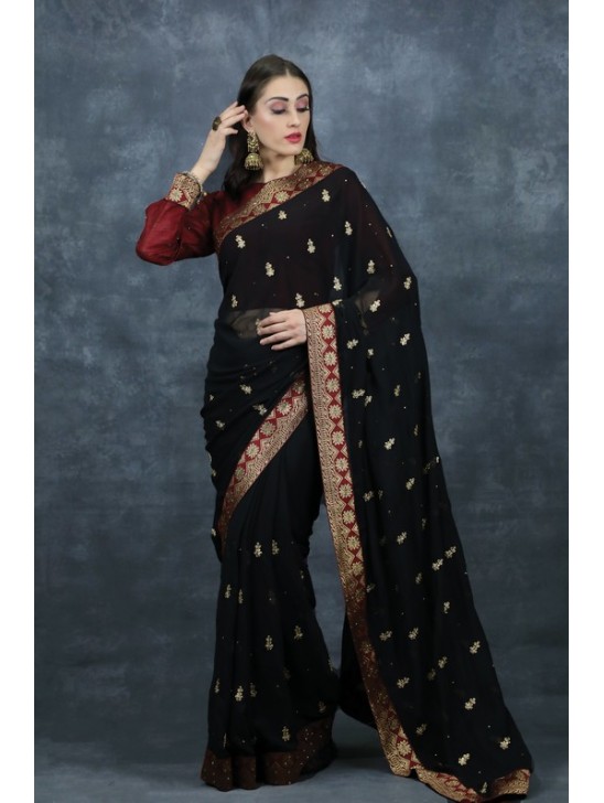 Black & Maroon Blouse Wedding Saree Ethnic Sari Shopping Online UK