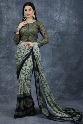 Olive Green Geometric Pattern Printed Saree Indian Casual Saree