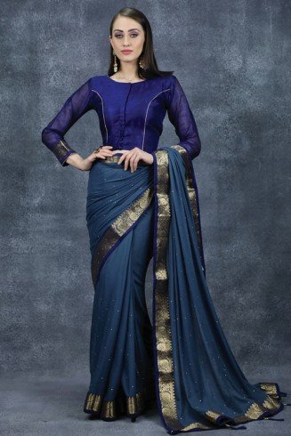 Teal Blue South Indian Saree Desi Festive Wear Online