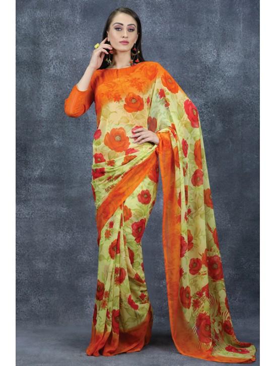 Lemon Floral Printed Saree Indian Casual Sari