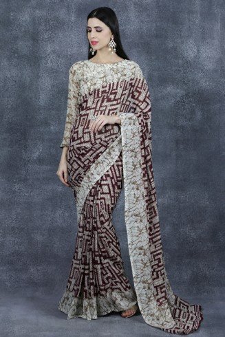 Maroon Printed Saree Indian Designer Casual Wear Saree