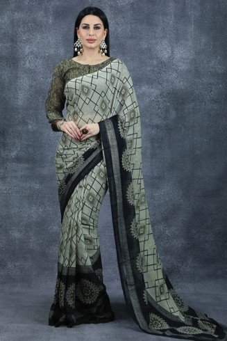 Olive Green Geometric Pattern Printed Saree Indian Casual Saree