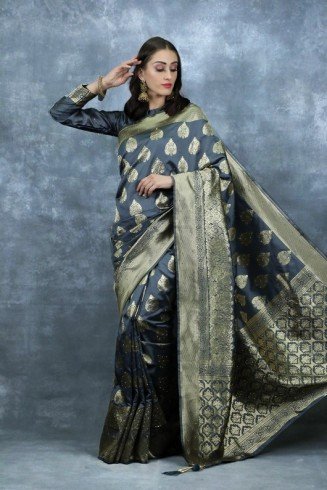 Grey Brocade Ethnic Indian Wedding Saree