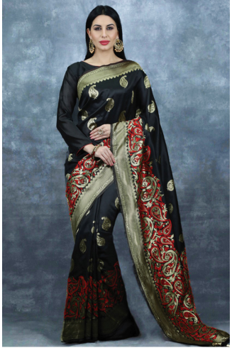 Banarasi Saree Black Gold Womens Indian Ethnic Wear 