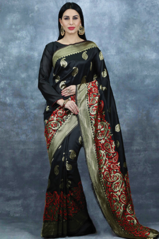 Banarasi Saree Black Gold Womens Indian Ethnic Wear 