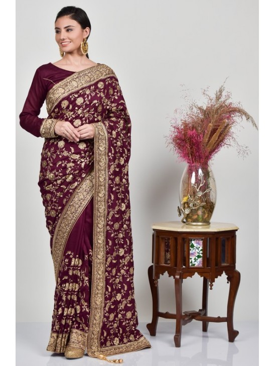 Dark Maroon Embroidered Designer Wedding Saree