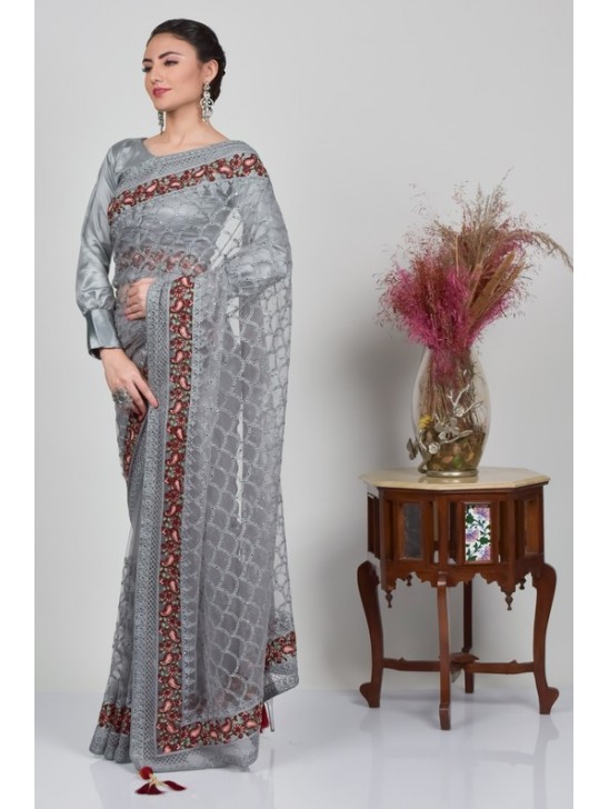 Grey Indian Designer Net Saree