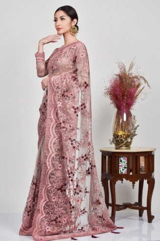 Dusty Pink Heavy Embroidered Net Saree