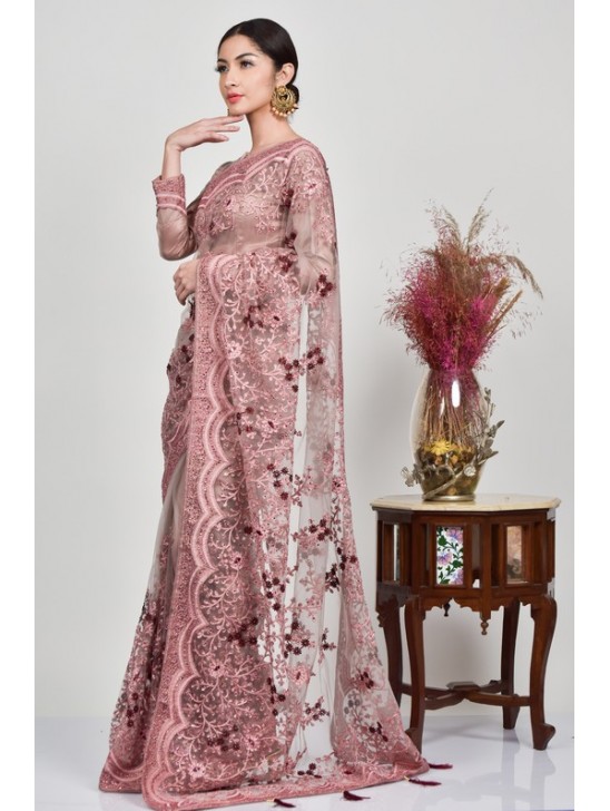 Dusty Pink Heavy Embroidered Net Saree