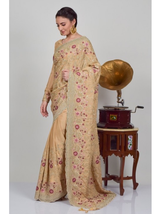 Beige Embroidered Indian Wedding Saree