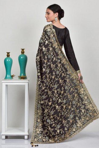 Dark Grey Embroidered Fancy Pakistani Designer Saree