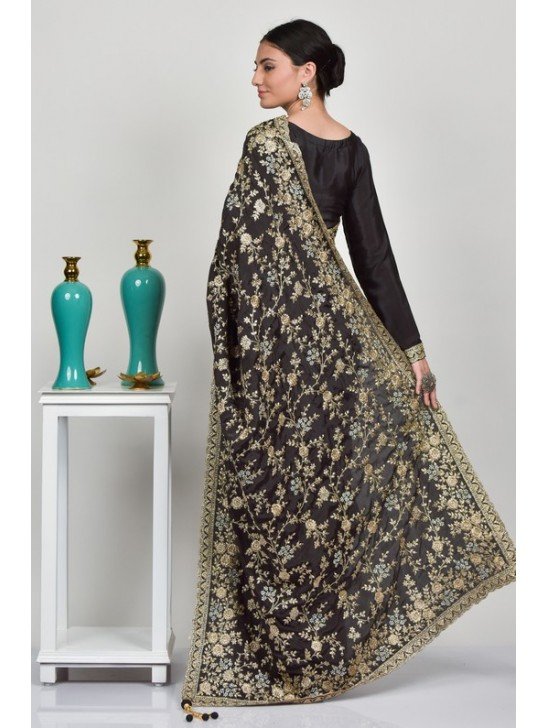 Dark Grey Embroidered Fancy Pakistani Designer Saree