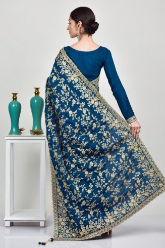 Teal Blue Designer Embroidered Saree