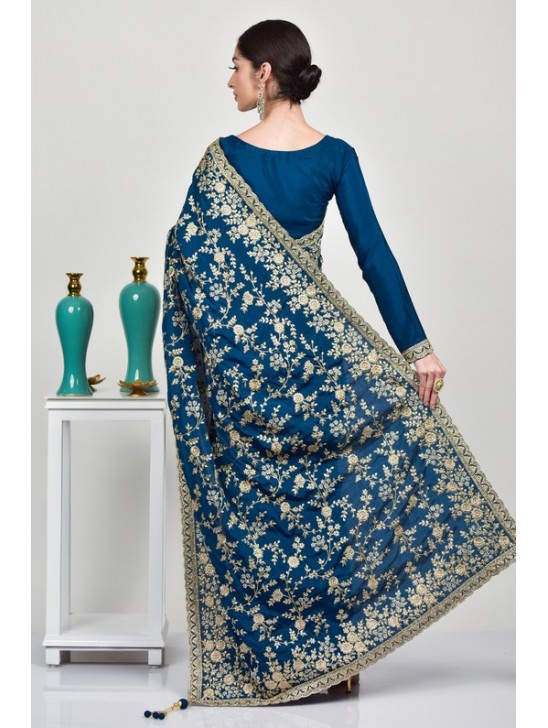 Teal Blue Designer Embroidered Saree