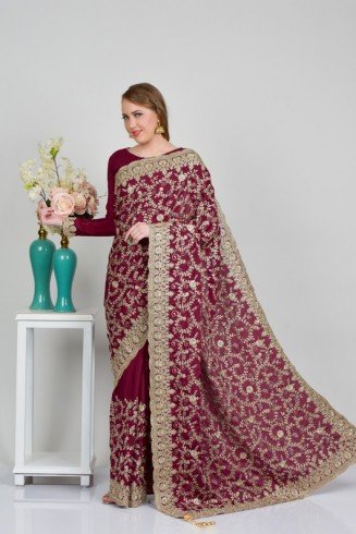 Plum Embroidered Crepe Indian Wedding Saree