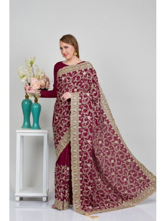 Plum Embroidered Crepe Indian Wedding Saree