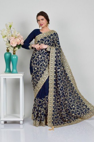Navy Blue Embroidered Ethnic Readymade Saree