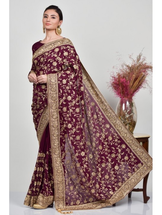 Dark Maroon Embroidered Designer Wedding Saree