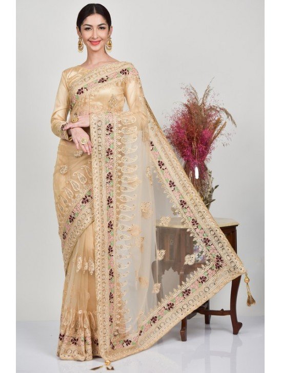 Beige Heavy Embellished Bridal Saree