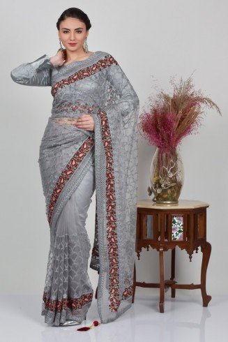 Grey Indian Designer Net Saree