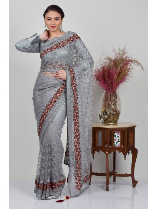 Grey Indian Designer Net Saree