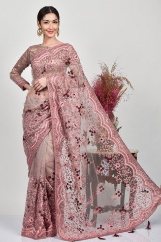 Dusty Pink Heavy Embroidered Net Saree