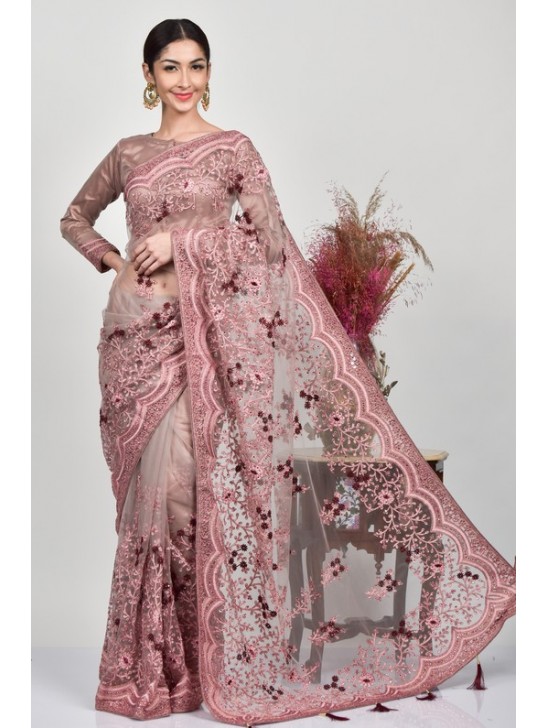 Dusty Pink Heavy Embroidered Net Saree