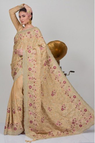 Beige Embroidered Indian Wedding Saree