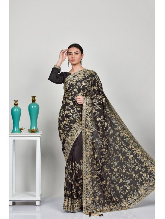 Dark Grey Embroidered Fancy Pakistani Designer Saree