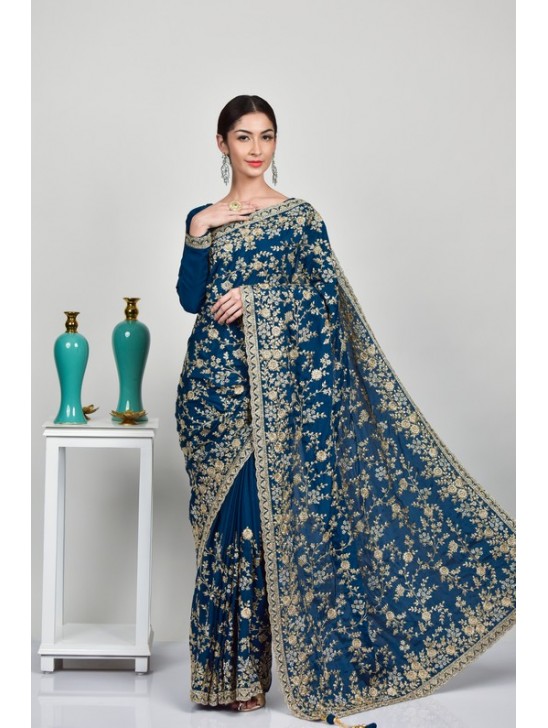 Teal Blue Designer Embroidered Saree